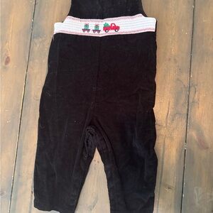Smocked Black Corduroy Overalls with Red Truck Embroidery - Christmas